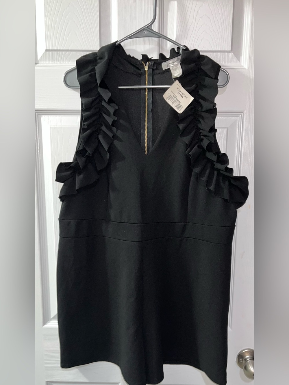Jasmine Black Sleeveless Ruffle-Trim Romper with Gold Zipper